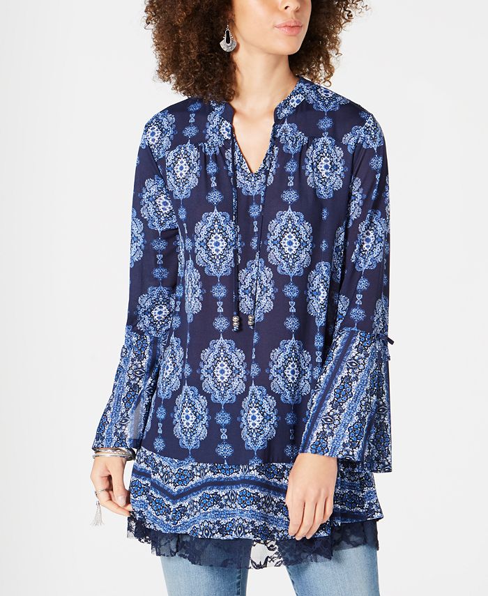 Style & Co Women's Printed Bell-Sleeve Tunic Blue Size Petite S