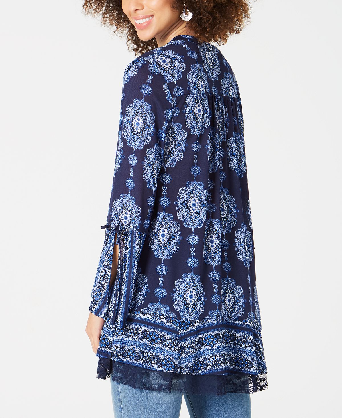 Style & Co Women's Printed Bell-Sleeve Tunic Blue Size Petite S