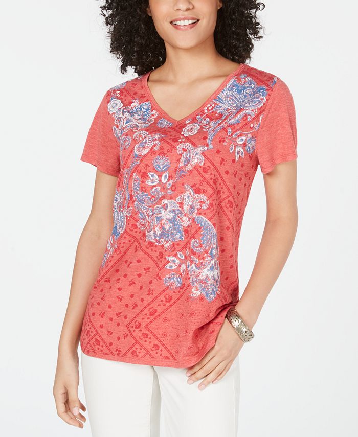 Style & Co Women's Graphic Print T-Shirt Red Size Petite Large