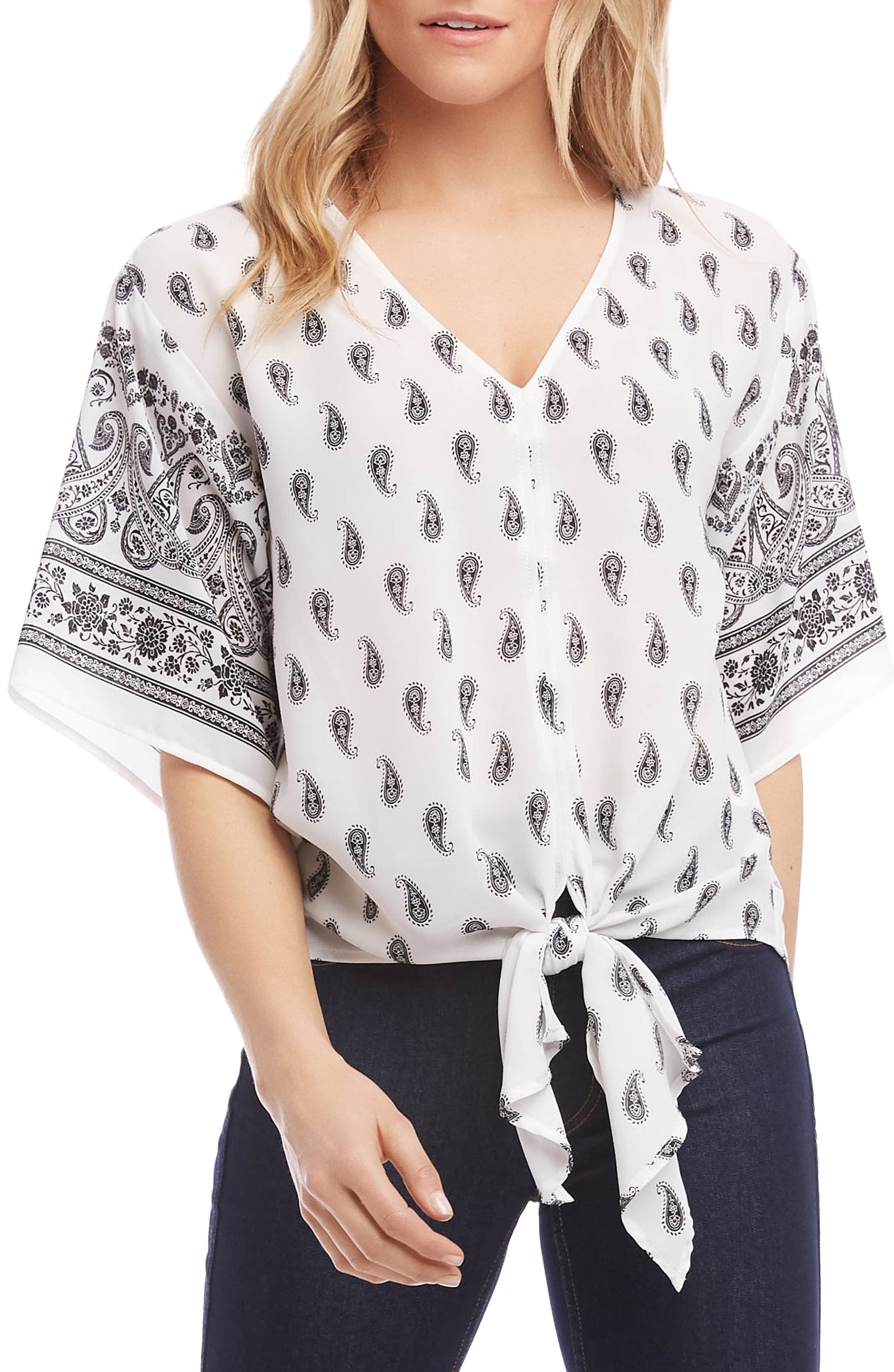 Karen Kane Women's Paisley Polyester Tie Front Top White Size Large