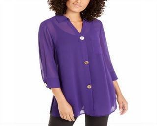 Alfani Women's Semi Sheer 3/4 Sleeve Blouse Purple Size Petite