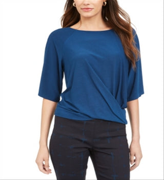 Alfani Women's Twisted Elbow Sleeve Top Blue  Size Petite Small