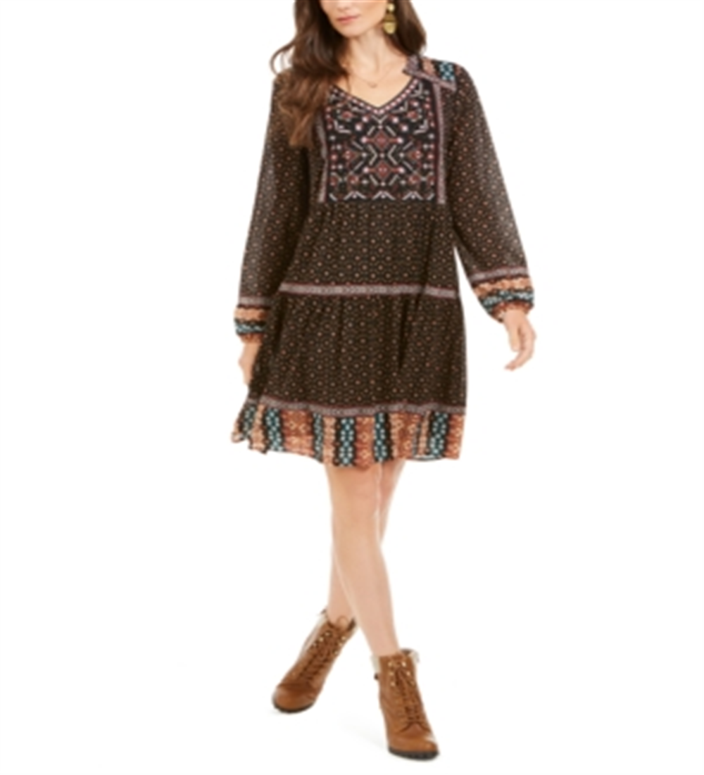 Style & Co Petite Printed Long-Sleeve Peasant Dress Black Size PL
