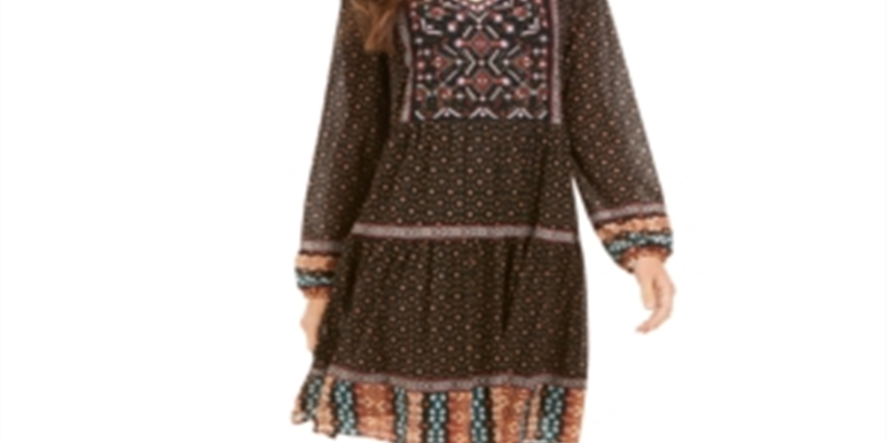 Style & Co Petite Printed Long-Sleeve Peasant Dress Black Size PL