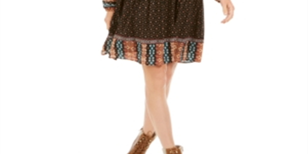 Style & Co Petite Printed Long-Sleeve Peasant Dress Black Size PL