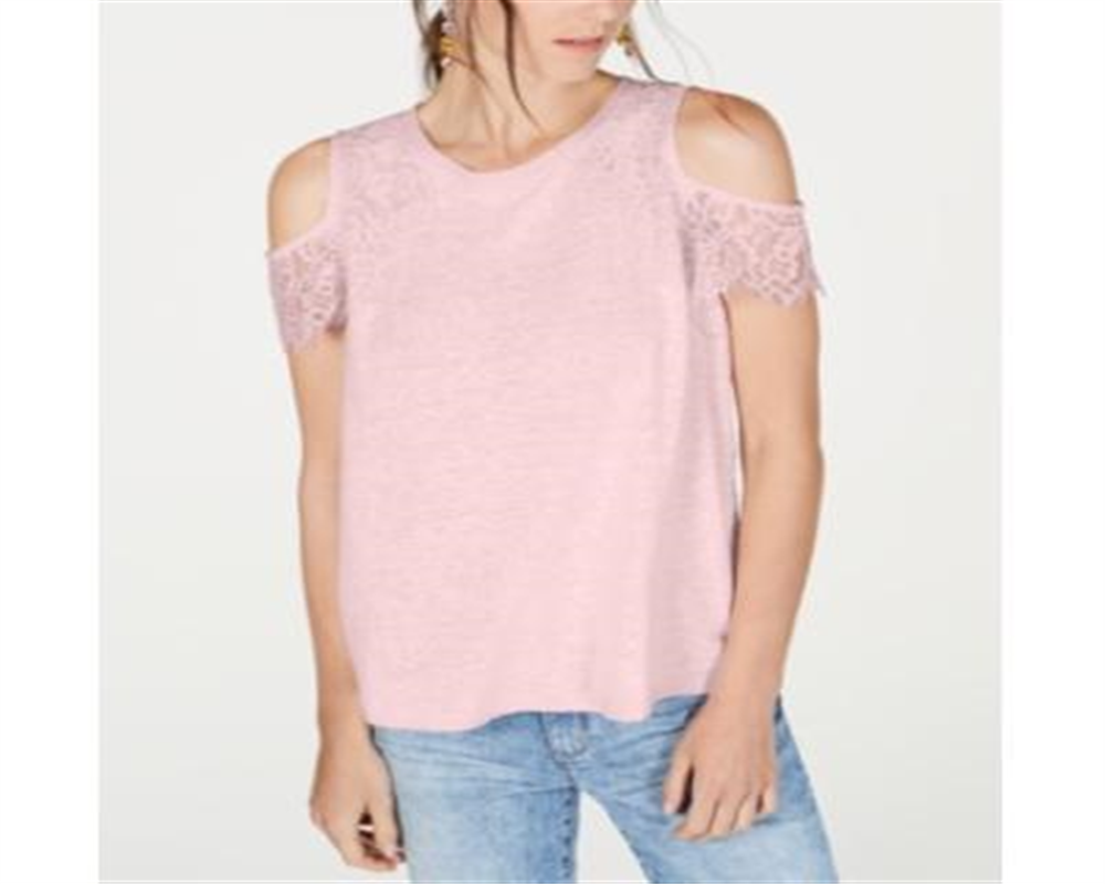 INC International Concepts Women's Lace Linen Blend Cold Shoulder Top Pink Size X-Small
