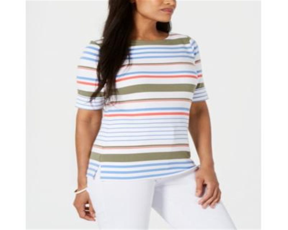 Karen Scott Women's Lulu Striped T-Shirt White Size Petite Medium