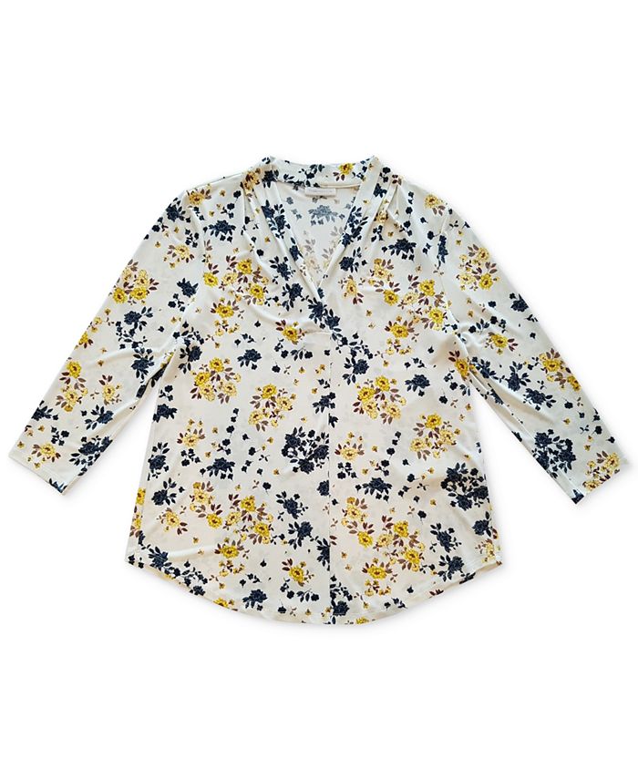 Charter Club Women's Floral 3/4 Sleeve Blouse White Size Medium