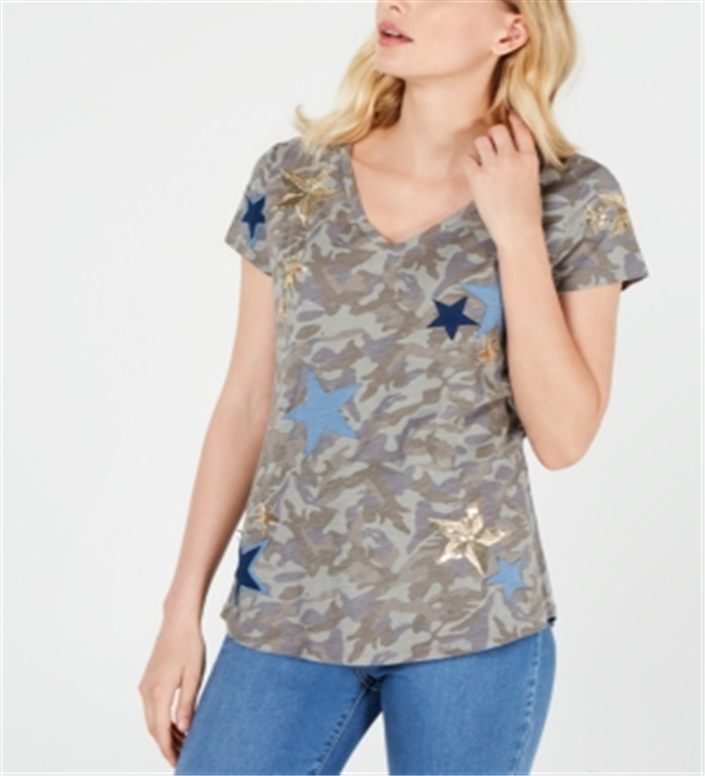INC Womens Camouflage Short Sleeve V Neck T-Shirt Top Green Size XS