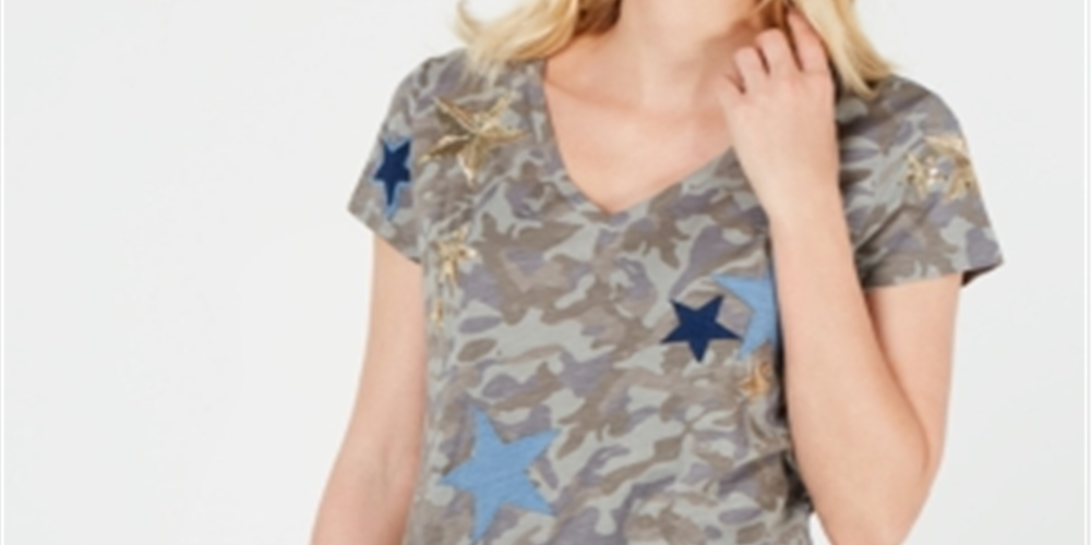 INC Womens Camouflage Short Sleeve V Neck T-Shirt Top Green Size XS