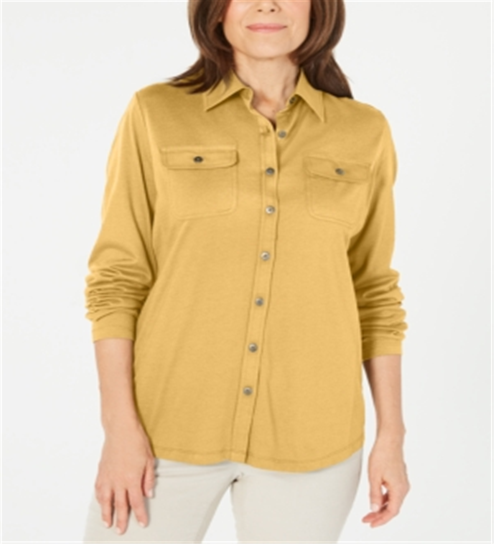 Karen Scott Women's Mixed Media Button Front Top Yellow Size Large