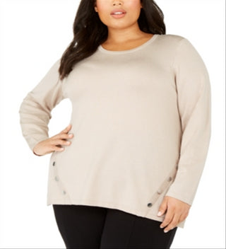 Alfani Women's Plus Round Neck Button Hem Sweater Brown Size 2X