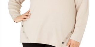 Alfani Women's Plus Round Neck Button Hem Sweater Brown Size 2X