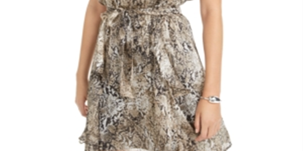 Bar III Women's Ruffled Snake Embossed Mini Dress Brown Size Medium