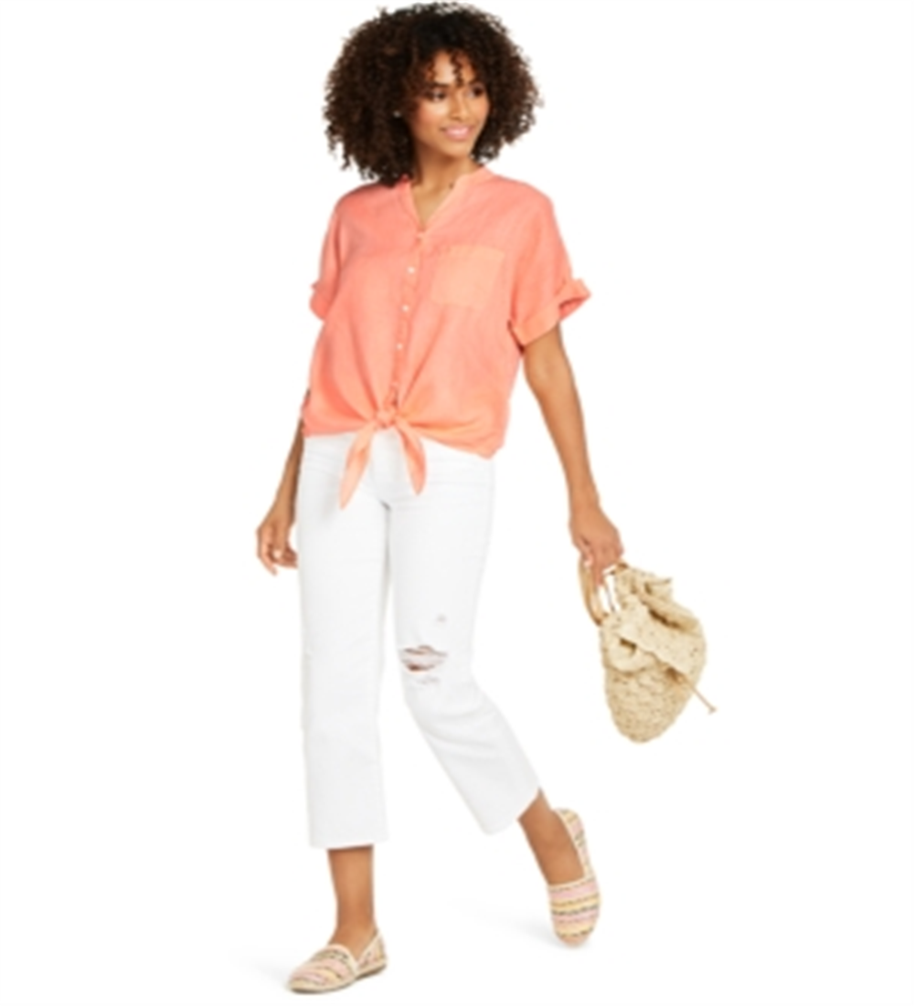 Charter Club Women's Linen Tie-Front Button-up Shirt  Red Size Large