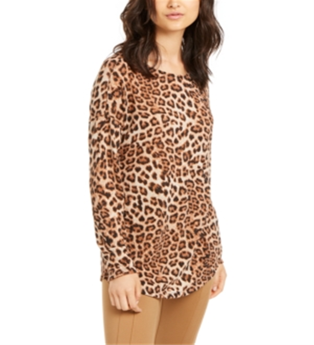 INC International Concepts Women's Long Sleeve Cheetah Print Top Tahitian Tide White Size Small