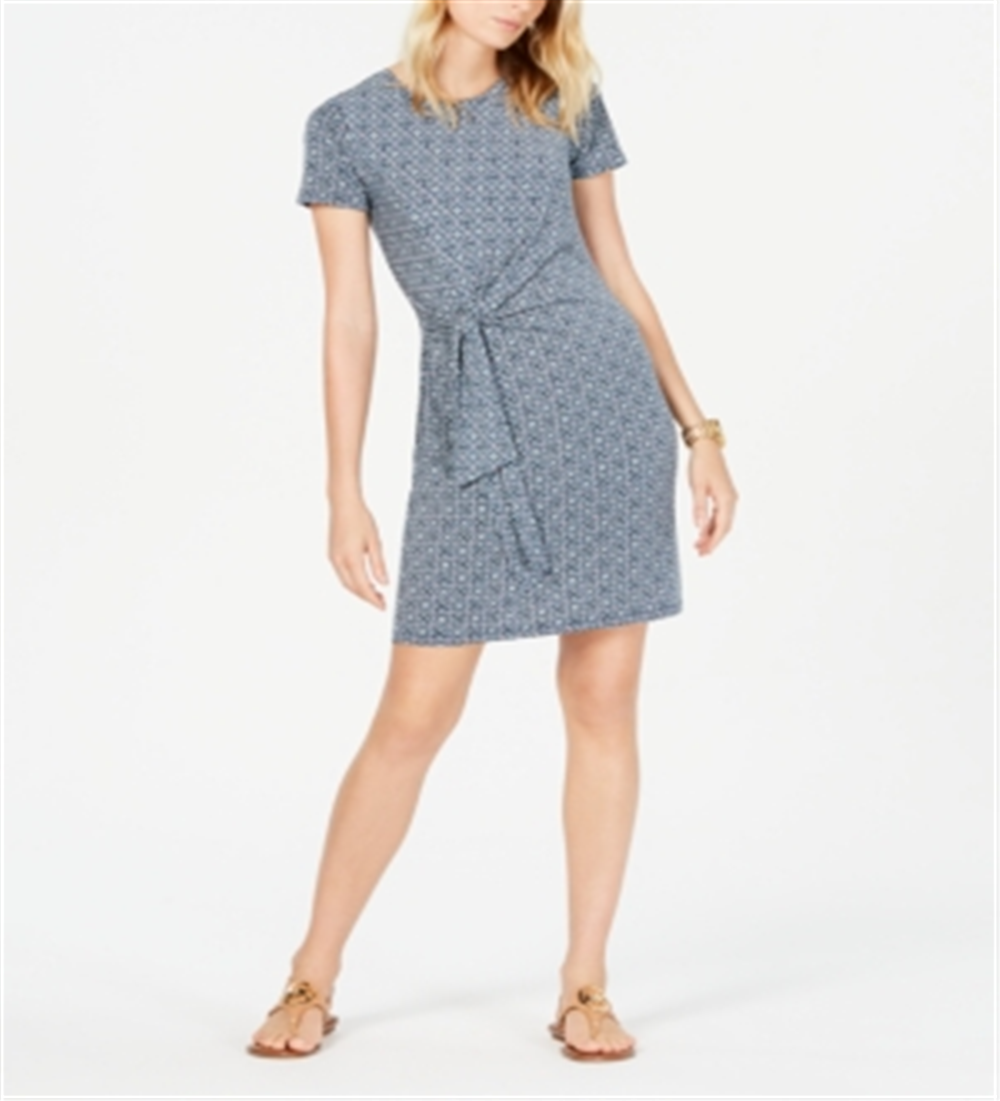 Michael Kors Women's Short Sleeve Above the Knee Dress Blue Size Large