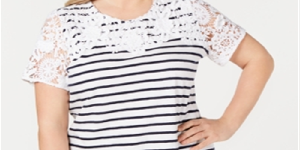 Charter Club Women's Plus Embroidered Striped T-Shirt White Size 2X