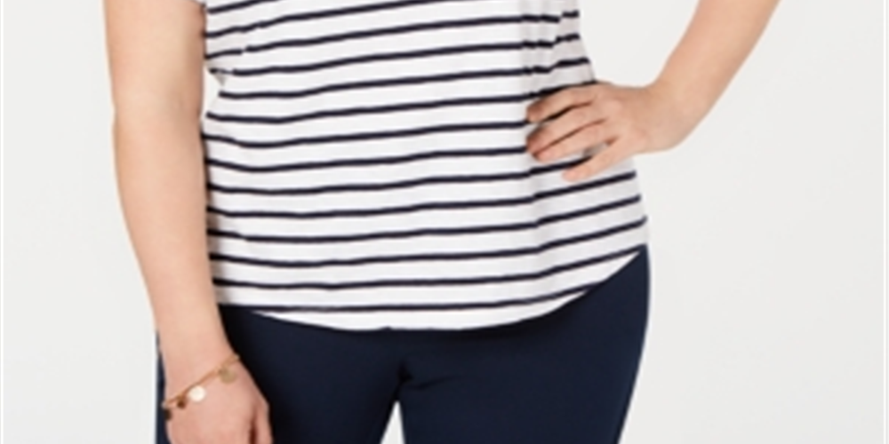 Charter Club Women's Plus Embroidered Striped T-Shirt White Size 2X