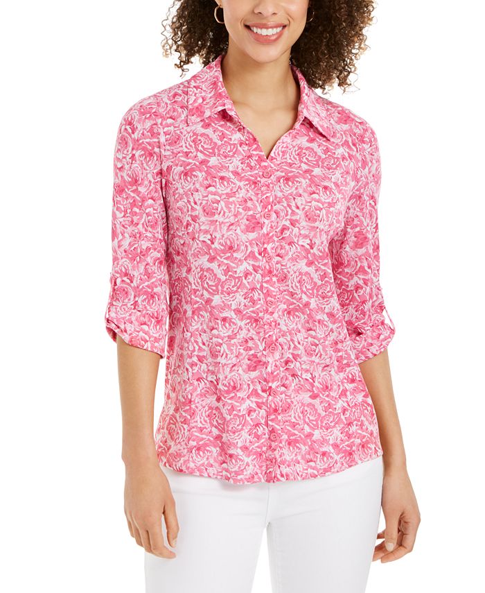 Charter Club Women's Printed Button Front Top Pink Size Small