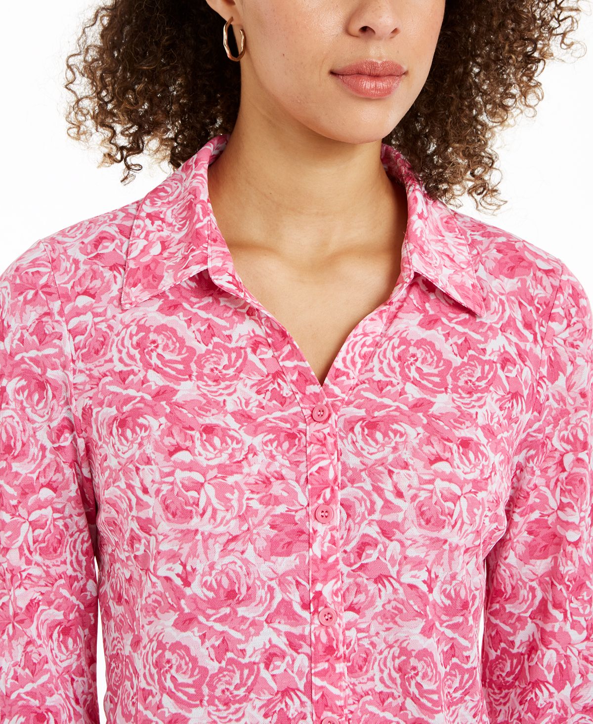 Charter Club Women's Printed Button Front Top Pink Size Small