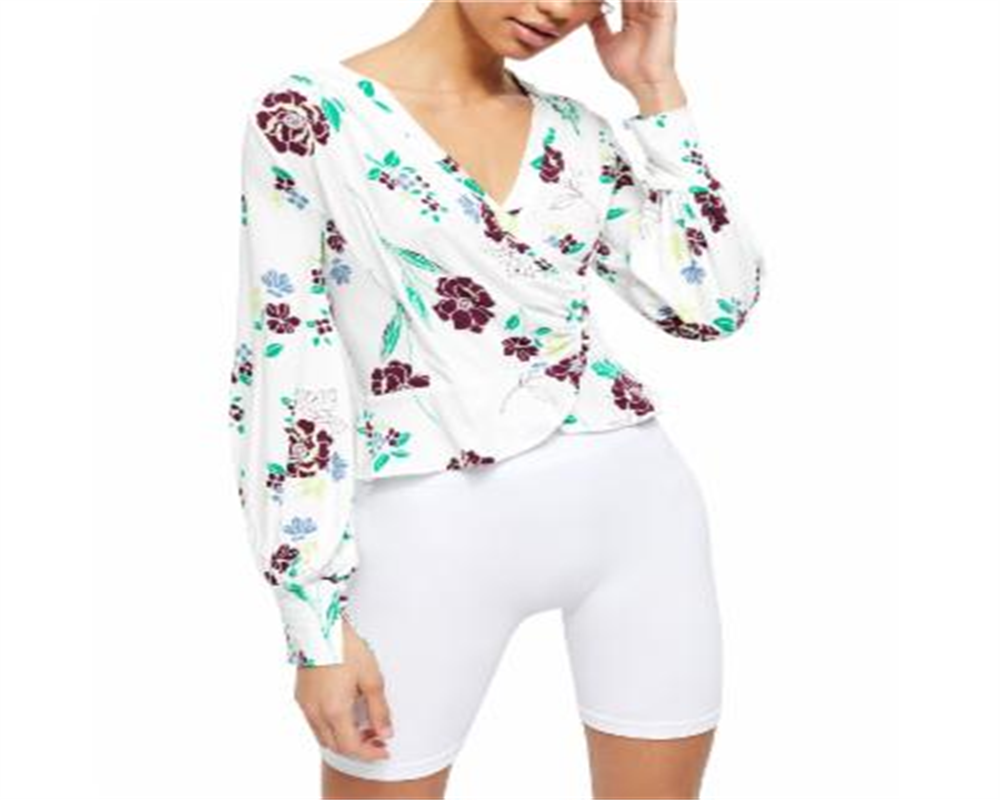 Free People Women's Floral Long Sleeve V Neck Top White Size Medium