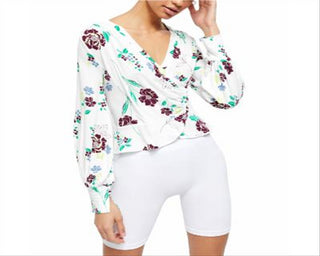 Free People Women's Floral Long Sleeve V Neck Top White Size Medium