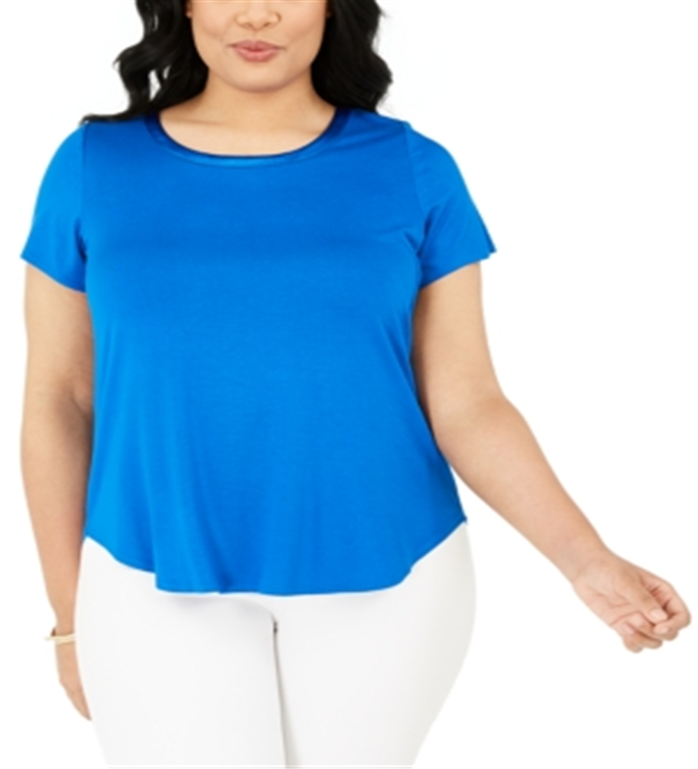 Alfani Women's Plus Satin Trim High Low T-Shirt Blue Size 0X