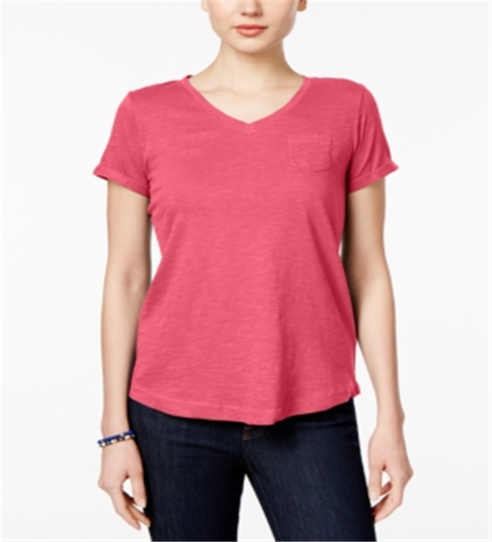 Style & Co Women's V Neck Pocket T-Shirt Pink Size Petite Medium