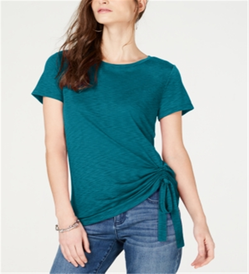 INC Women's Side Ruched T-Shirt Green Size Petite X-Large