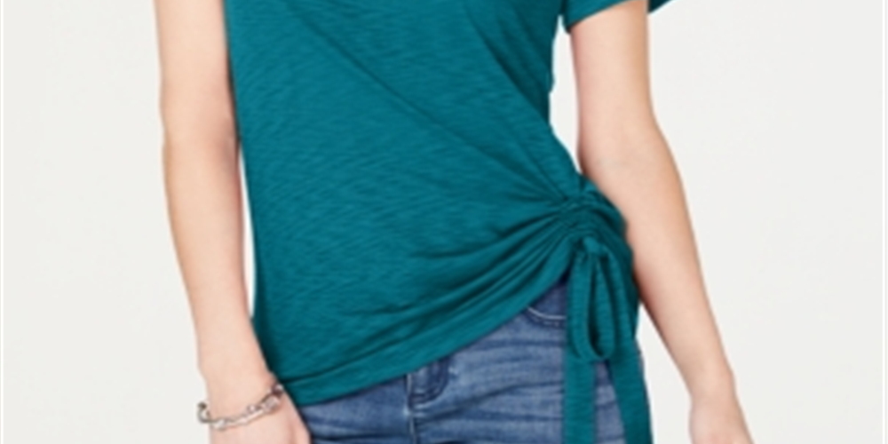 INC Women's Side Ruched T-Shirt Green Size Petite X-Large