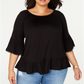 Style & Co Women's Flounce 3/4 Sleeve Top Black Size 1X