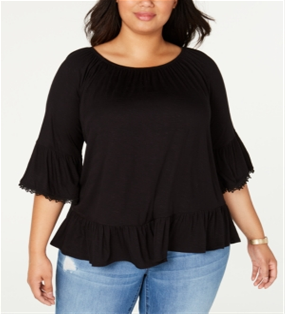 Style & Co Women's Flounce 3/4 Sleeve Top Black Size 1X