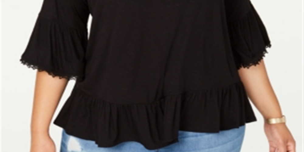 Style & Co Women's Flounce 3/4 Sleeve Top Black Size 1X