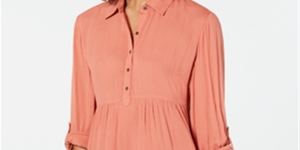 Style & Co Women's Roll-Sleeve Oversized Shirt  Copper Rose Orange Size 2XL