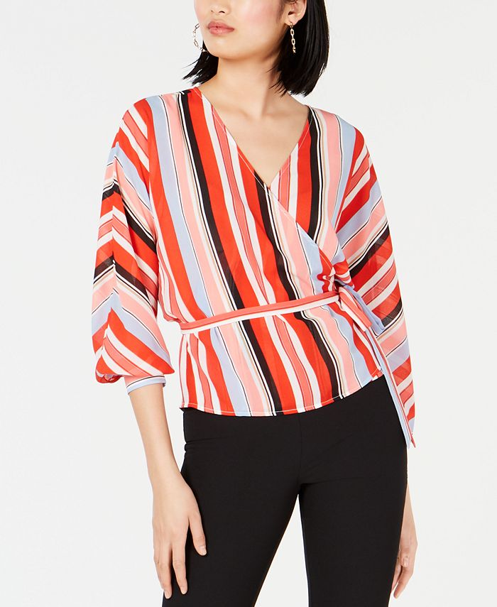 Bar III Women's Striped Wrap Blouse Red Size Large