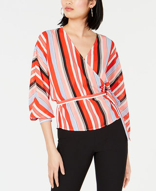 Bar III Women's Striped Wrap Blouse Red Size Large