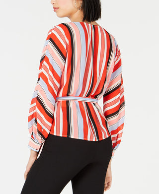 Bar III Women's Striped Wrap Blouse Red Size Large
