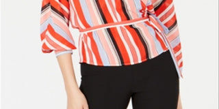 Bar III Women's Striped Wrap Blouse Red Size Large