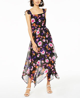 Bar III Women's Floral Print Open Back Dress Black Size X-Large