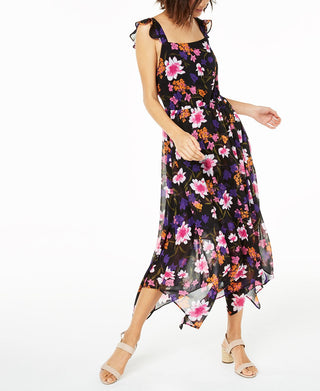 Bar III Women's Floral Print Open Back Dress Black Size X-Large