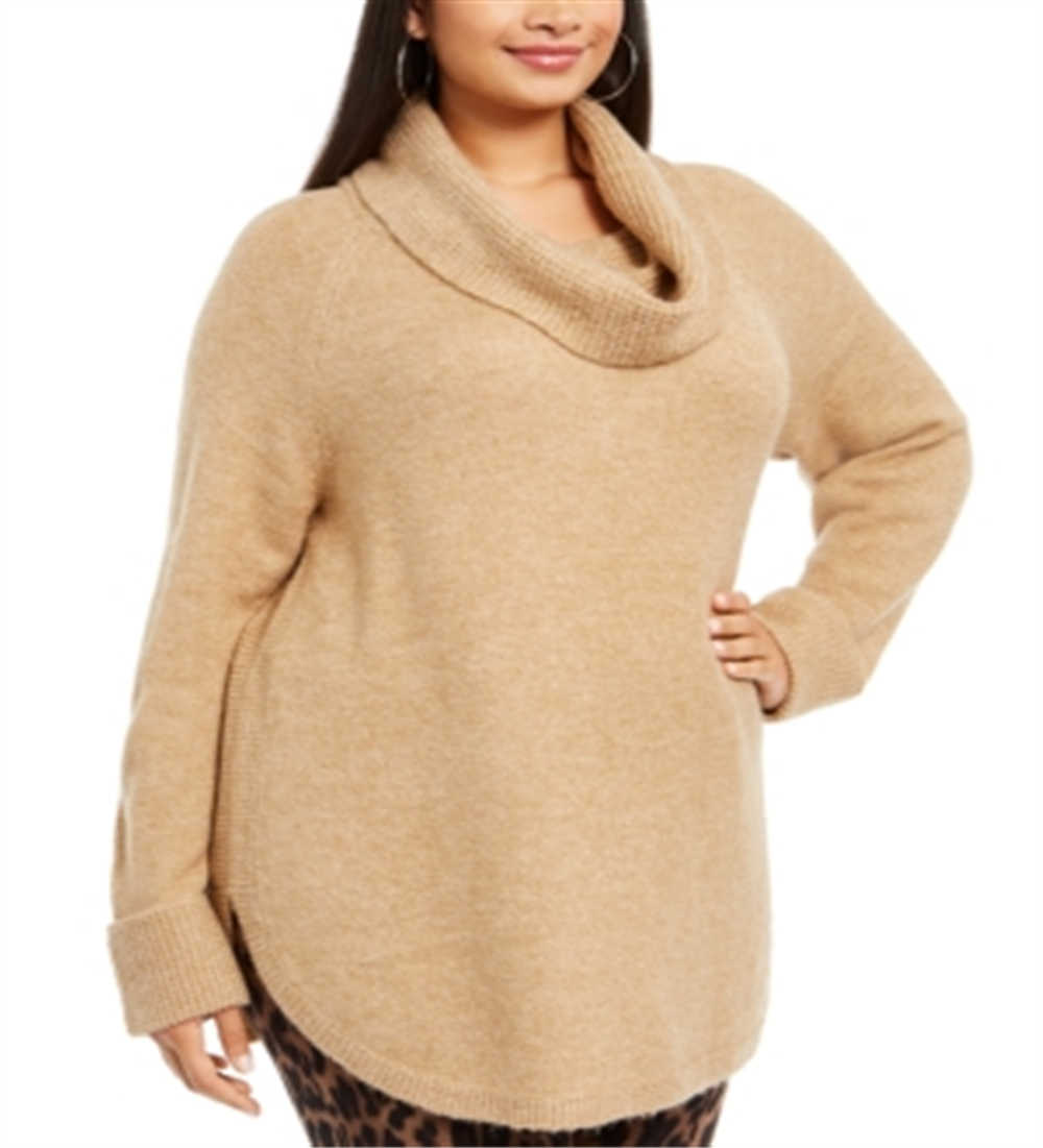 Style & Co Women's Knit Ribbed Trim Funnel Neck Sweater Brown Size 2X