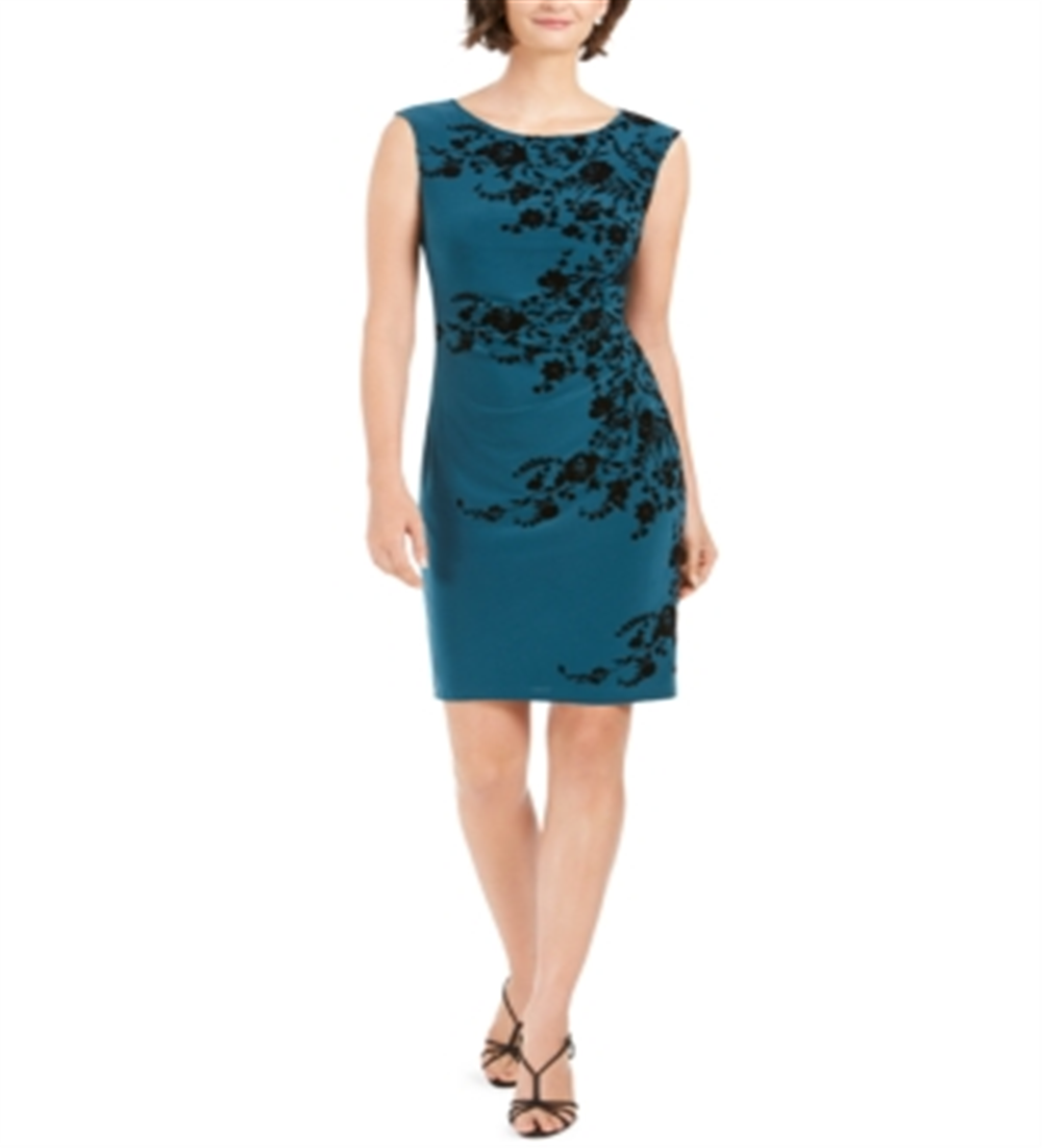 Jessica Howard Women's Embroidered Floral Sleeveless Jewel Neck Above the Knee Sheath Wear to Work Dress Green Size 12 Petite