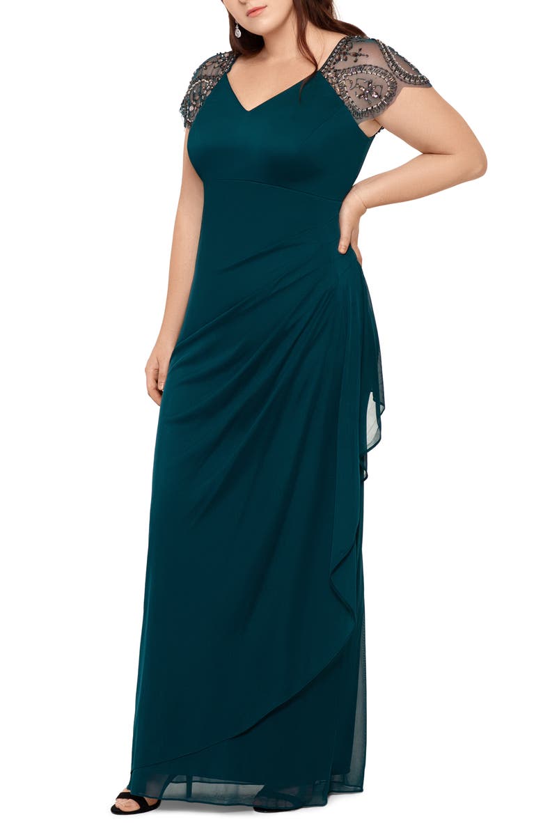 Xscape Women's Embellished Mesh Sheath Evening Gown Green Size Petite Small