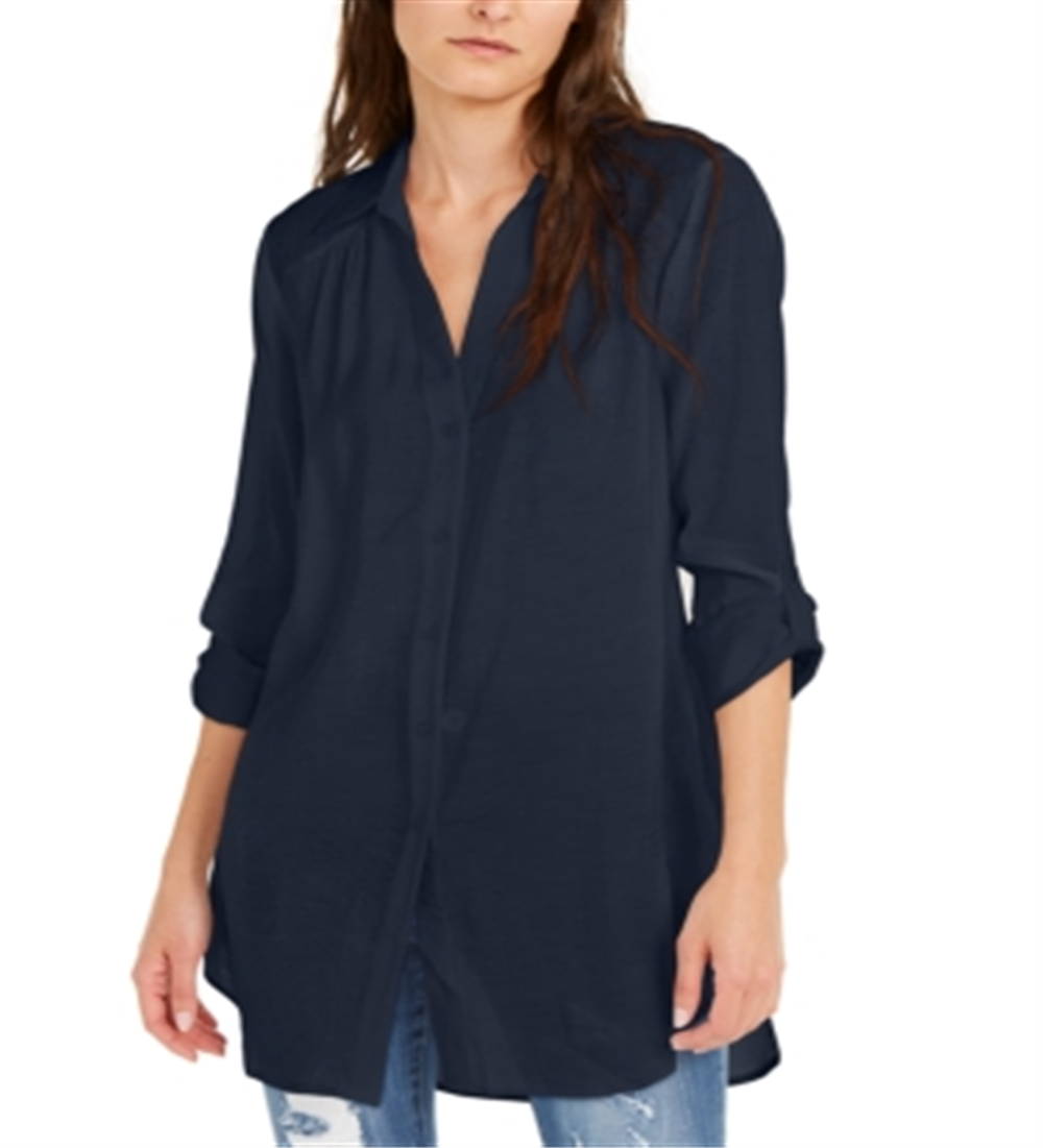 INC International Concepts Women's Solid Button-up Tunic  Blue Size M