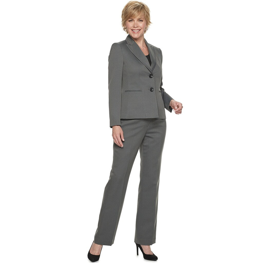 Le Suit Women's Herringbone 2-Button Jacket & Pant Suit Steel Multi Gray Size 16