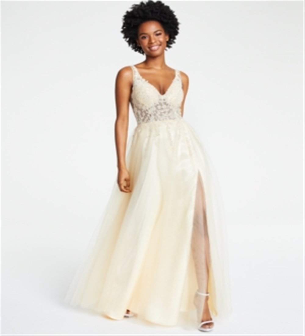 Blondie Nites Junior's Embellished Illusion Gown Yellow Size 15