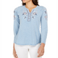 Style & Co Women's Cotton Embroidered Split Neck Top Blue Size Petite S