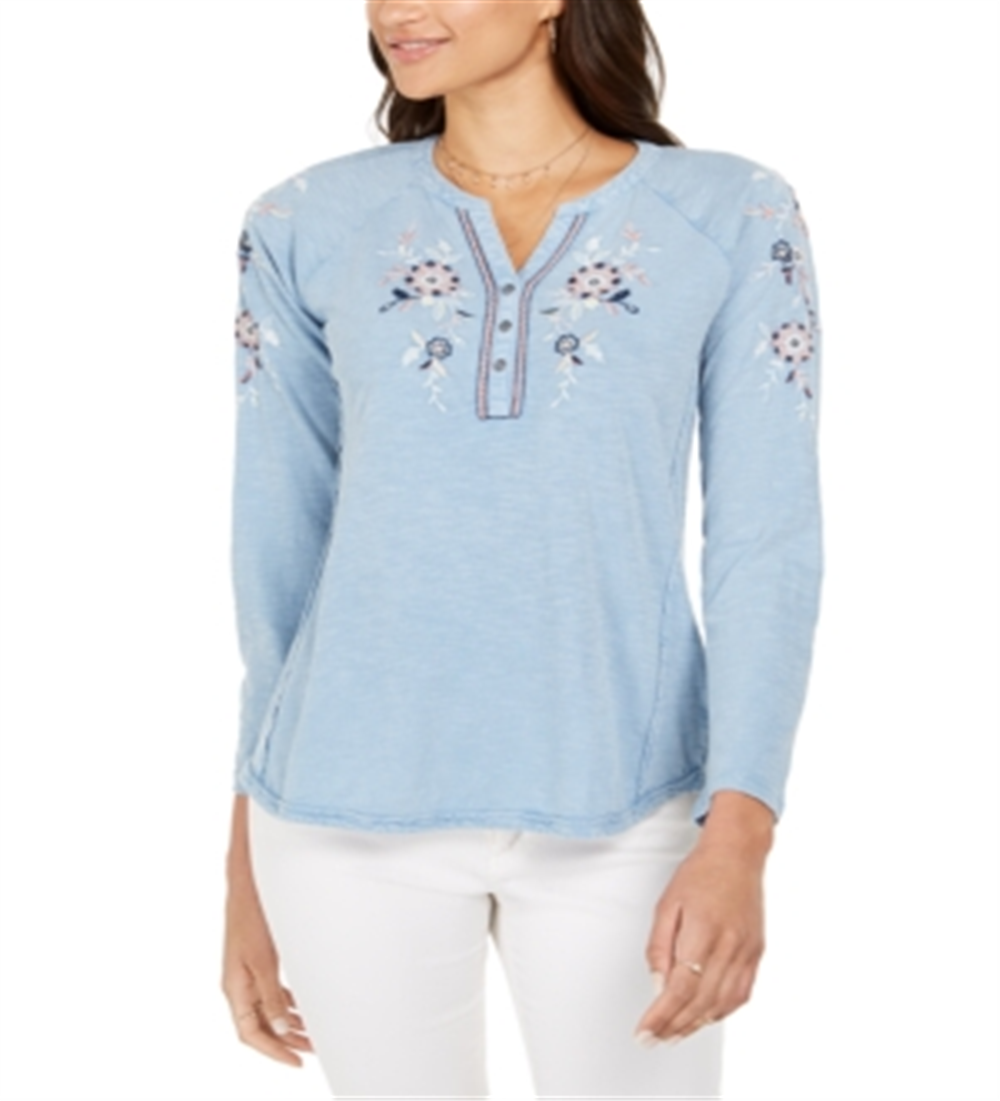 Style & Co Women's Cotton Embroidered Split Neck Top Blue Size Petite S