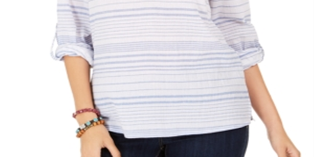 Style & Co Women's Striped Split Neck Top Blue Size Small